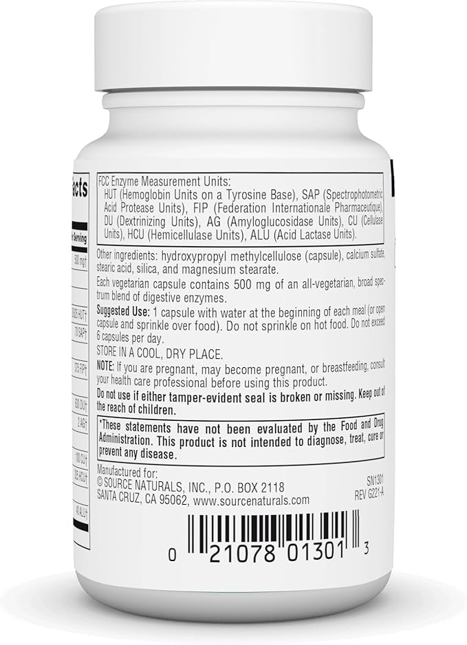 Source Naturals Essential Enzymes 500mg Bio-Aligned Multiple Enzyme Supplement Herbal Defense for Digestion, Gas, Constipation & Bloating Relief - Supports Immune System* - 60 Vegetarian Capsules