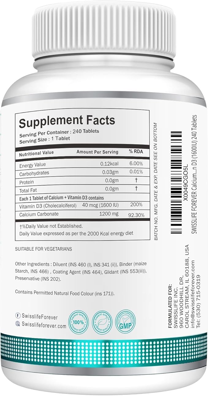 Calcium Carbonate 240 Tablets 1200mg | with Vitamin D3 1600IU| Dietary Tablets with Mineral and Vitamins Help in Bone Health, Muscle Health, Joints Health for Men & Women