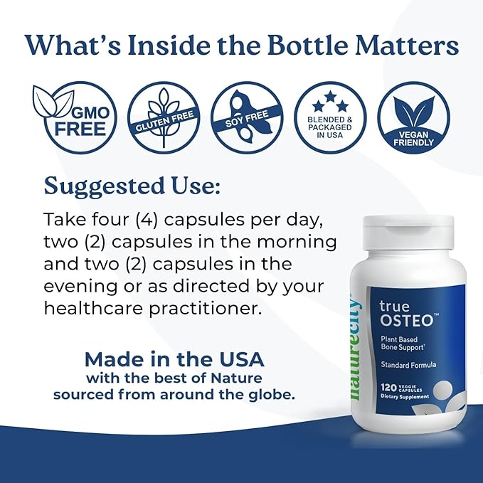 NatureCity True-Osteo Plant-Based Supplement for Bone Strength | AlgaeCal Calcium & Magnesium, Plant-Based Vitamin D3, Vitamin K2, Silicon| Gentle on Stomach (120 Veggie Capsules)