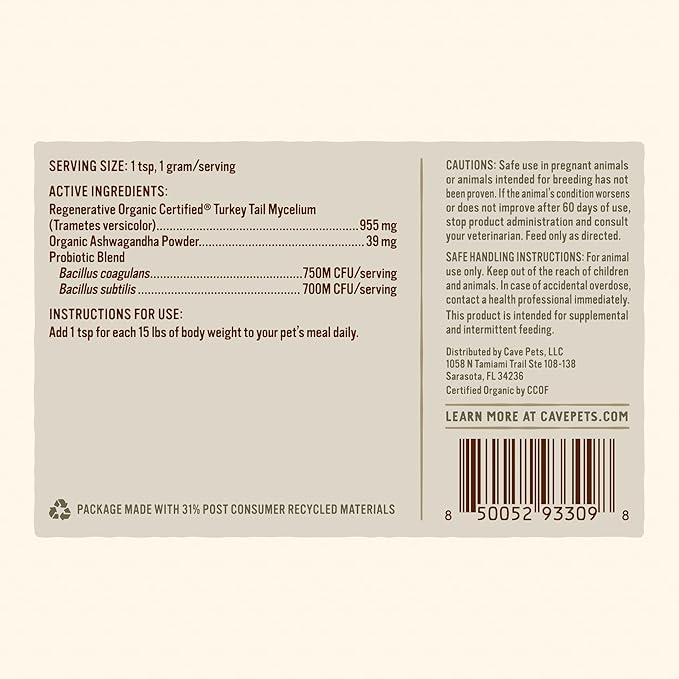 Super Blend Powder, Mushroom Mycelium and Dog Probiotic Supplement for Brain and Digestive Health, Turkey Tail & Probiotics, 90 Servings