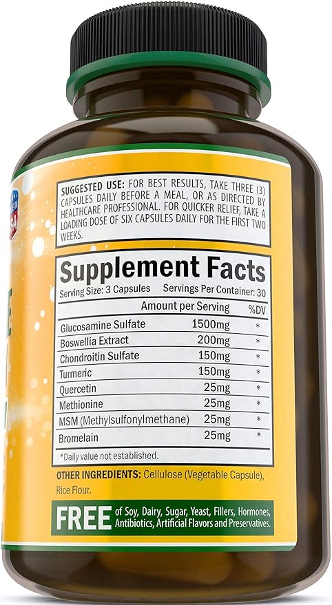 Joint Supplement with Glucosamine Chondroitin Turmeric MSM Boswellia Bromelain & Quercetin.Promotes Joint Health. 90 Capsules. Made in USA