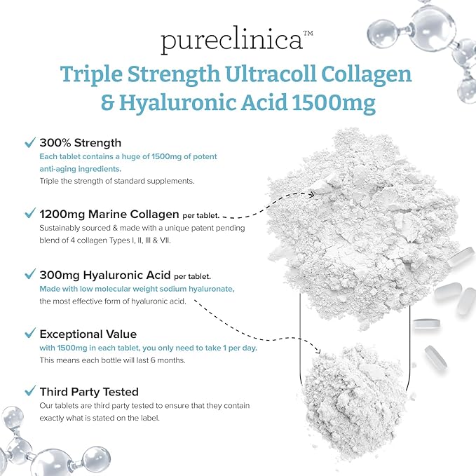 pureclinica 1500mg UltraColl Collagen (1200mg) and Hyaluronic Acid (300mg) x 180 Tablets - 6 Months Supply