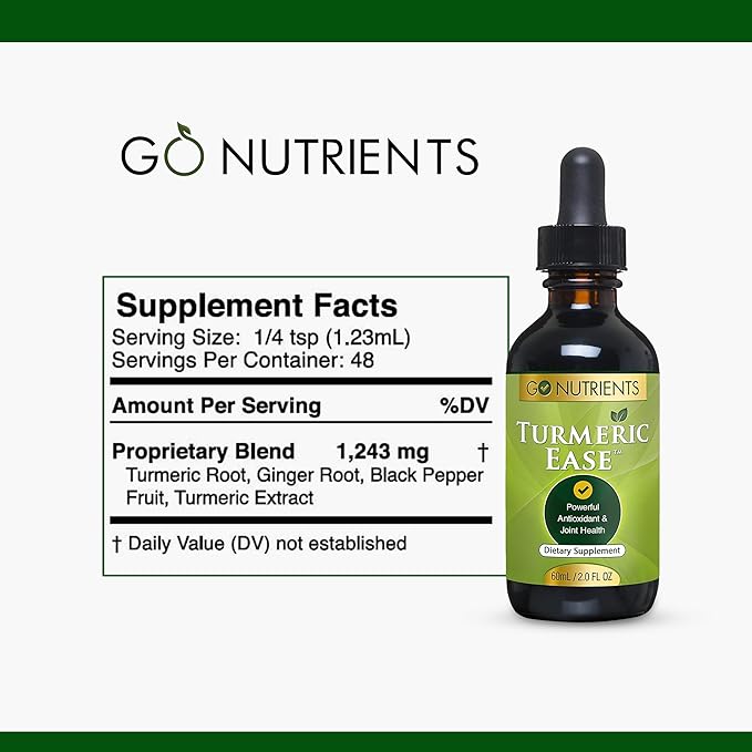 Go Nutrients Turmeric Ease - Organic Turmeric Supplement with Curcumin, Ginger & Black Pepper – Liquid Drops Extract Tincture for Quick Absorption – Supports Joint Health & Immune Defense – 2oz