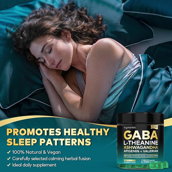 GABA L-Theanine Gummies Natural Stress Relief Supplement - Calm, Sleep, Relaxation & Mood Support, Magnesium, Vitamin B6, Ashwagandha, Apigenin, Non-Habit Forming Sugar free Gummy, Blueberry Flavor