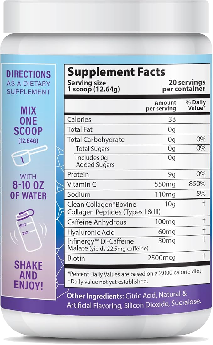 Peptide Energy Collagen Powder Hair, Nail, Skin, Type I & III,Caffeine for Energy, Vitamin C, Biotin, Hyaluronic Acid, Zero Sugar – 8.92 oz (Blue Raspberry)