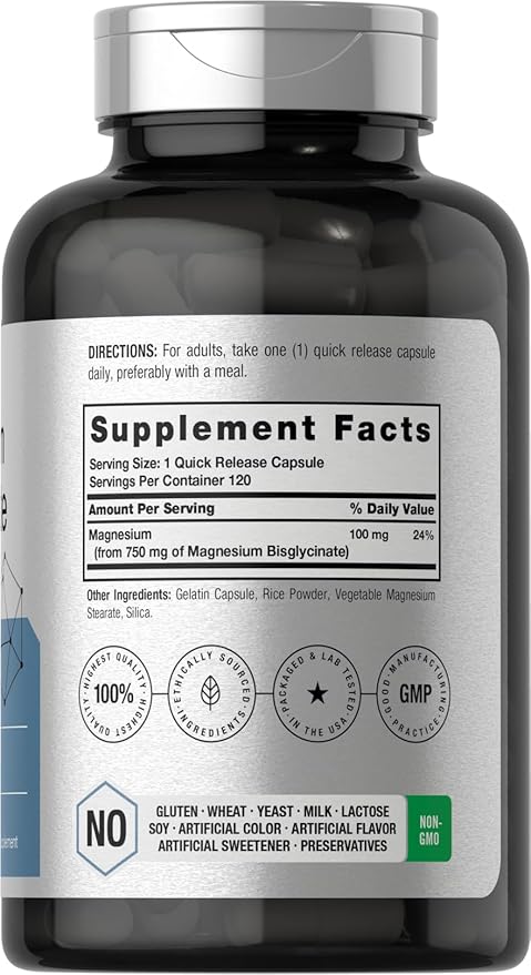 Horbäach Magnesium Bisglycinate | 120 Capsules | 750mg | Non-GMO and Gluten Free Supplement