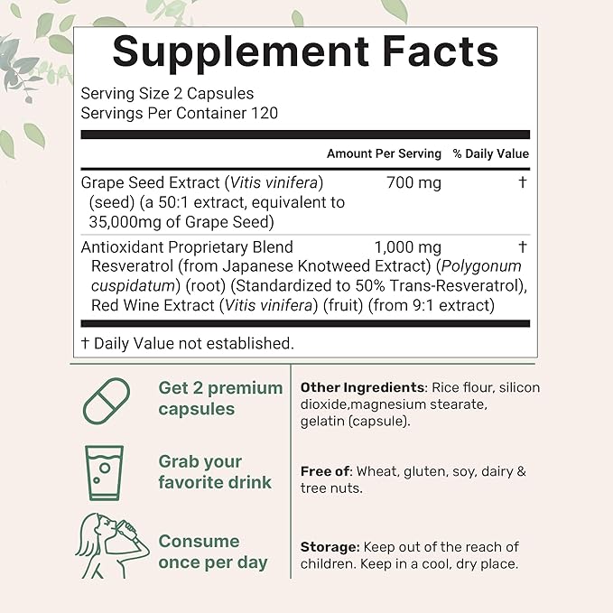 Grape Seed Extract 36,000mg Equivalent, 240 Capsules | Antioxidant Blend with Resveratrol & Red Wine Extracts | Max Strength Polyphenols Supplement | Heart, Brain, Cell, & Skin Health Support