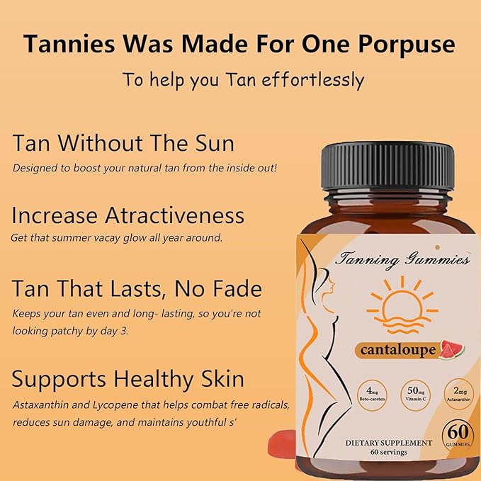 Tanning Gummies, Daily Tanning Gummies with Beta-Carotene & Lycopene & Astaxanthin, Natural Tanning Supplement, 60 Gummies