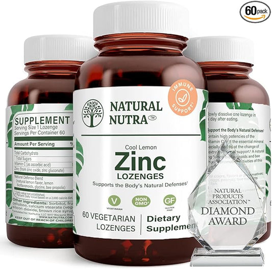 Natural Nutra Zinc Lozenges with Vitamin C, Lemon Flavor, Support Immune, Nervous System & Bone Strength, Fortified with Bioflavonoids and Bee Propolis, Sublingual Zinc Gluconate, 60 Vegetarian