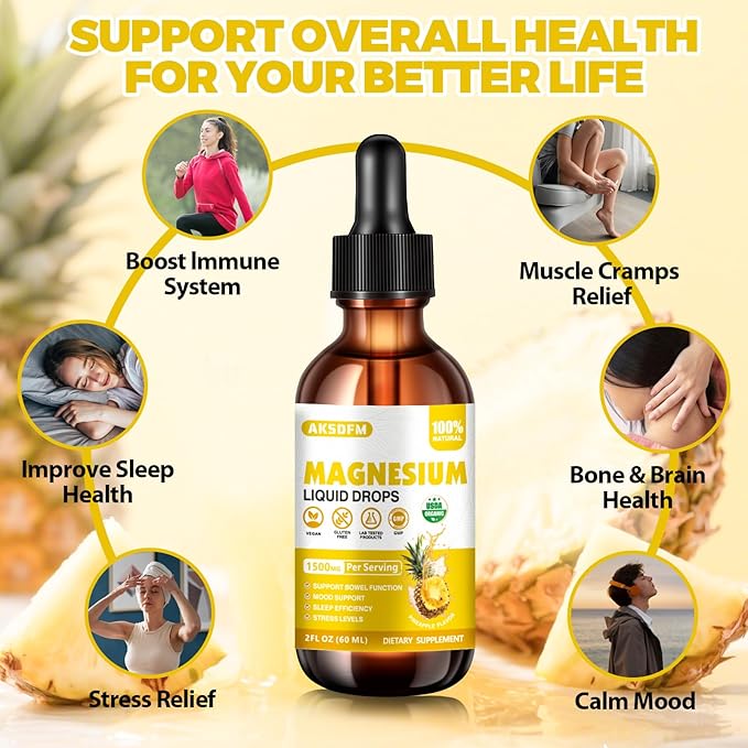 Magnesium Glycinate Liquid 2 Pack - 1500mg Maximized Absorption Magnesium Complex Supplement to Support Stress Relief, Night, Heart Health, Nerves and Muscles - Pineapple Flavor