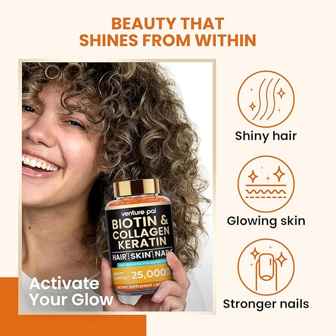 Venture Pal Biotin Gummies with Collagen & Keratin - Hair Growth Support Skin and Nail Strength Vitamins for Women & Men - Biotin 10000mcg | B-Complex | Saw Palmetto - Sugar Free, Non-GMO, 60ct