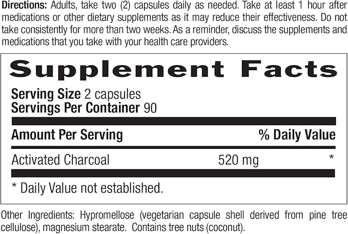 Country Life Activated Organic Coconut Charcoal Capsules, 260mg – Natural Charcoal Supplement for Gas and Bloating Relief, Gluten-Free, 180 Vegan Capsules