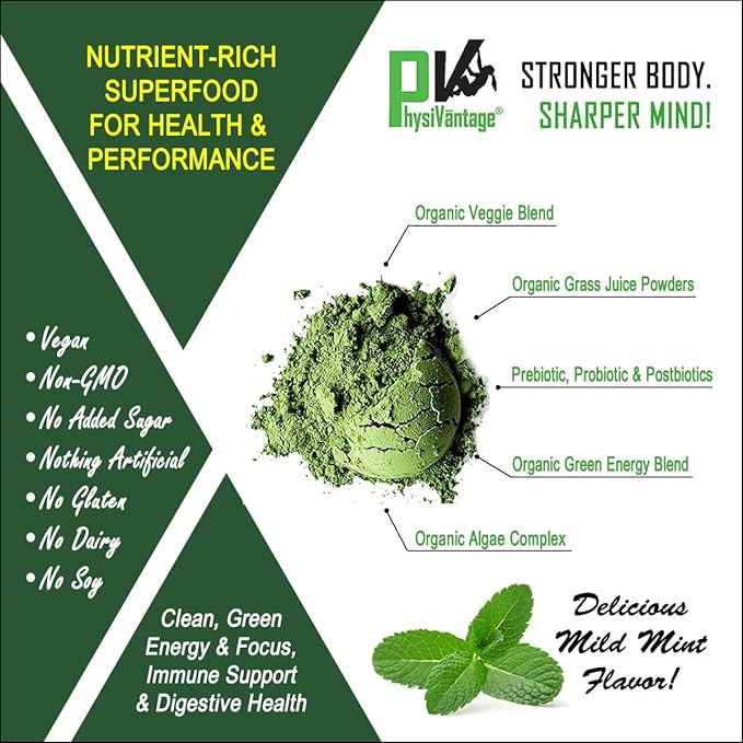 PhysiVantage Greens Superfood Powder with Prebiotic Fiber, Probiotics, Post-biotics, Spirulina, Chlorella - Vegan - Energy, Focus, Immune Support, Gut Health - Delicious Mild Mint Flavor - 25 Servings