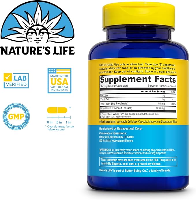 Nature's Life Monolaurin Plus Zinc Immune Support Supplement - 936mg Monolaurin from Raw Coconuts, Zinc 15mg, Supports Gut Health, Balanced Gut Flora, 60-Day Guarantee, 45 Serv, 90 Vegetarian Capsules