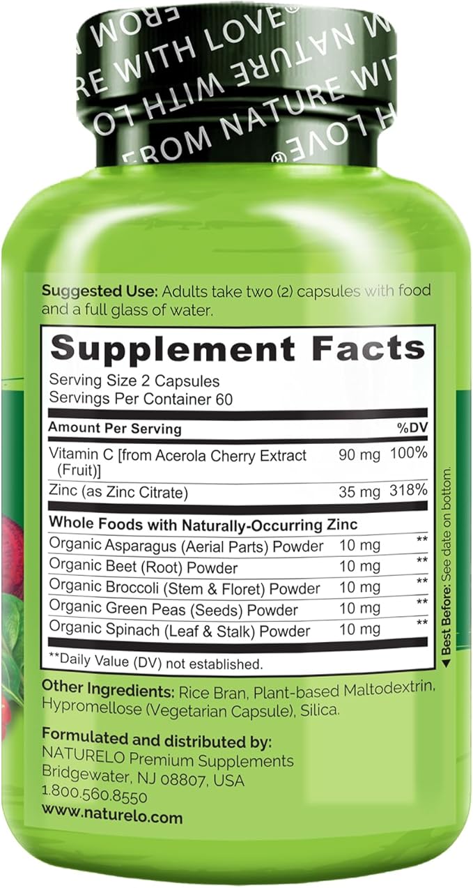 NATURELO Vegan Zinc Immune Support Capsules - Whole Food Complex with Vitamin C for Healthy Skin, Hair, and Nails - 120 Capsules