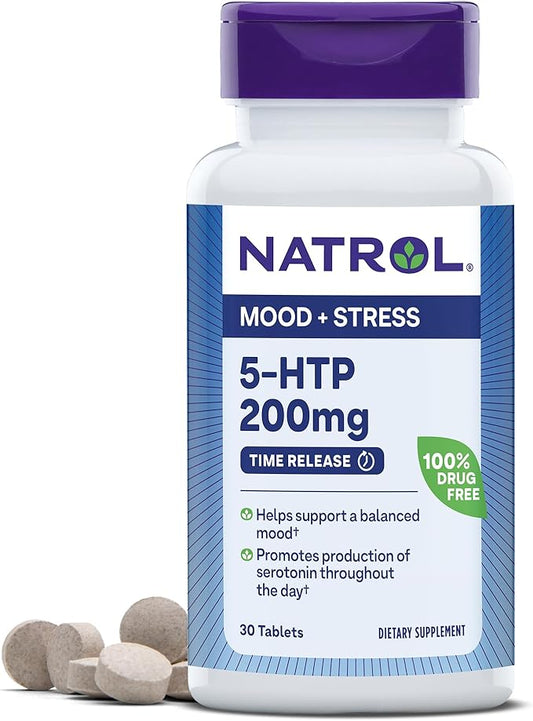Natrol 5-HTP 200 mg, Time Release, Support a Balanced Mood, Dietary Supplement Provides Serotonin Production Throughout the Day, 30 Tablets, Up to a 30 Day Supply