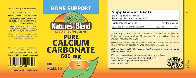 Nature's Blend Pure Calcium Carbonate 600 mg 100 Tabs (1684)
