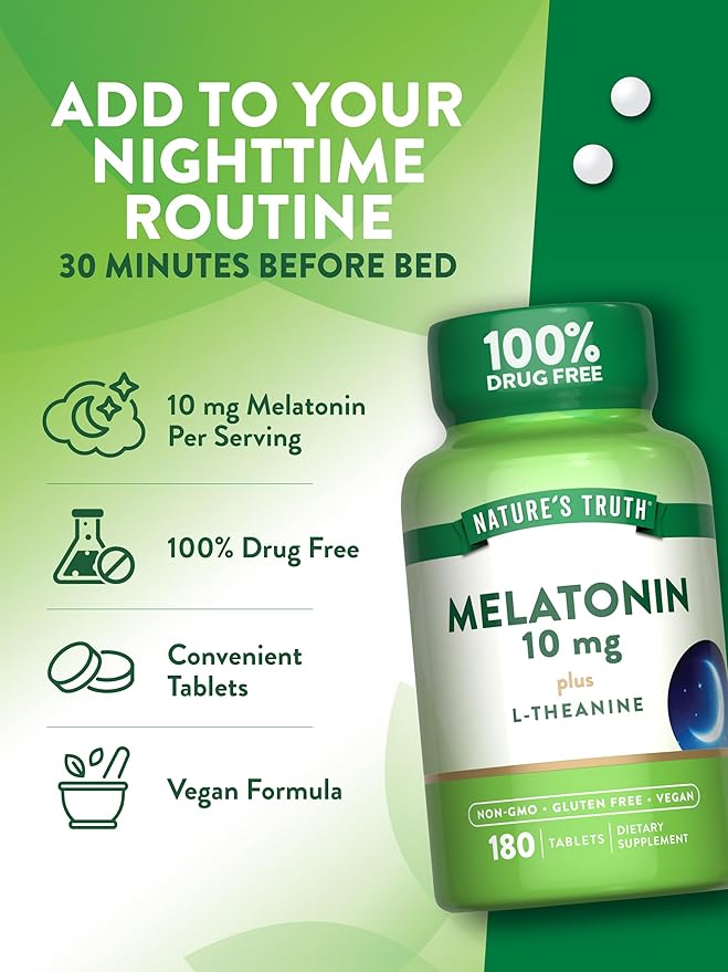 Nature's Truth Melatonin Tablets | 10mg | 180 Count | with L-Theanine | 100% Drug Free Supplement for Adults | Vegan, Non-GMO & Gluten Free Supplement