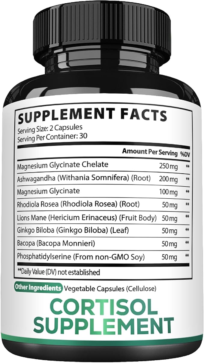Satoomi 8in1 Cortisol Manager - Supplement with Magnesium Glycinate, Ashwagandha, Rhodiola Rosea, Lions Mane & More - Cortisol Reducer Men & Women - 60 Capsules