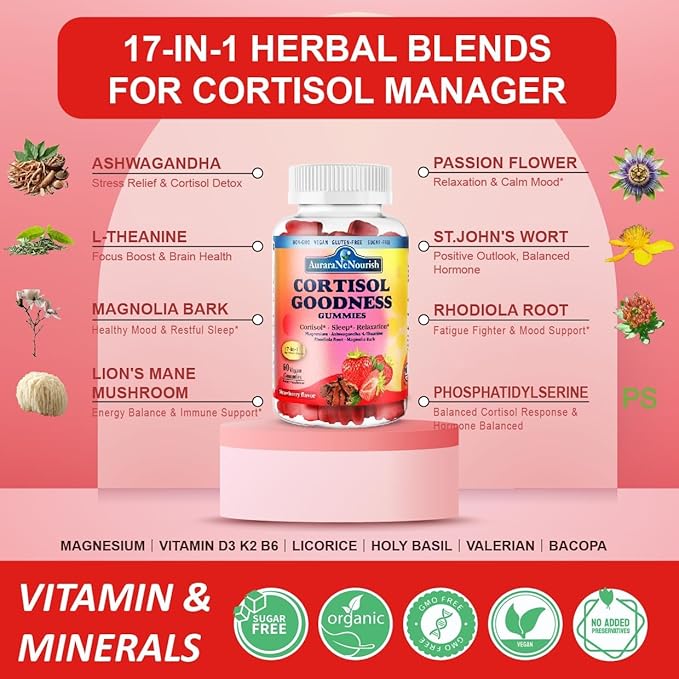 Sugar Free Cortisol Supplement Gummies, 17-in-1 Cortisol Detox w. Magnesium Glycinate 400mg Ashwagandha, L-Theanine, Phosphatidylserine, Hormone Balanced for Women, Mood Focus, Sleep Support