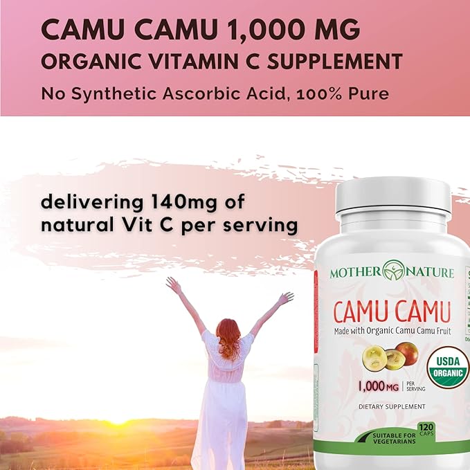 Organic Vitamin C from Camu Camu Capsules 1,000mg, Packed with Natural VIT C, Raw Antioxidants - Immune Support Supplement & Anti-Aging for Skin - Powder Organic, Vegan, Non-GMO (120 Count)