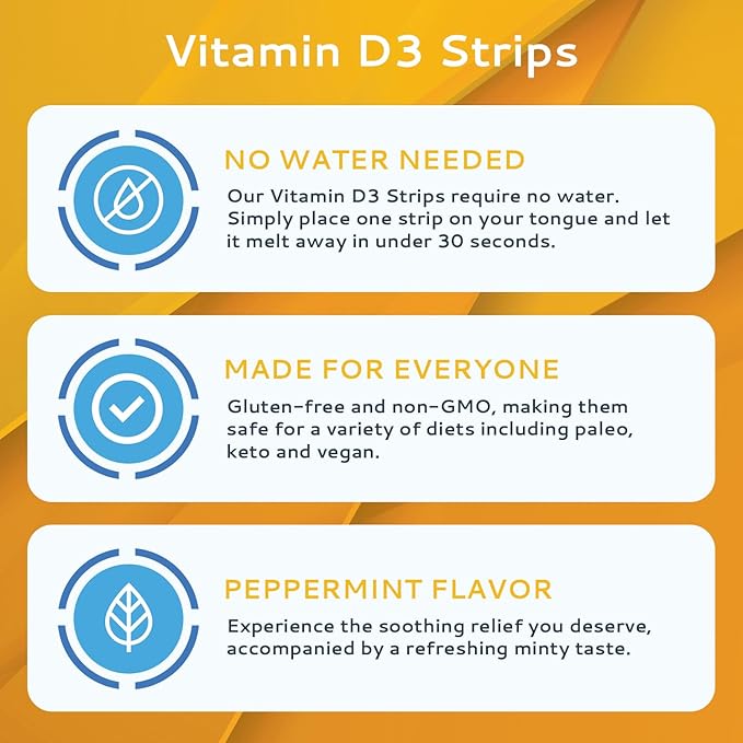 Vitamin D3 Strips 10 Pack| 2000 IU Oral Dissolvable D3 Vitamin Strips | Peppermint Flavor Melts on Your Tongue in 30 Seconds | Boost Immunity & Enhance Mental Focus with Vitamin D3 2000
