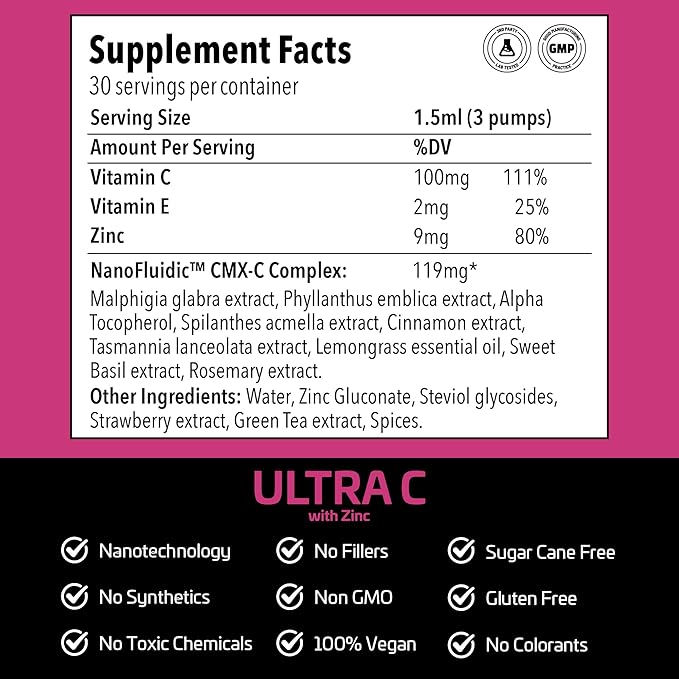 Ultra C with Zinc - Water Soluble Vitamin C Supplement - Liquid Vitamin C and Zinc - for Energized Immunity, Youthful Skin and Supple Joints