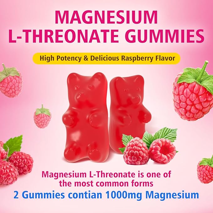 2 Pack Magnesium L-Threonate Gummies 1000MG, Magnesium Threonate Supplement for Kids & Adults, Muscle & Nervous System Support, Sugar-Free, Raspberry Flavor, 120 Count
