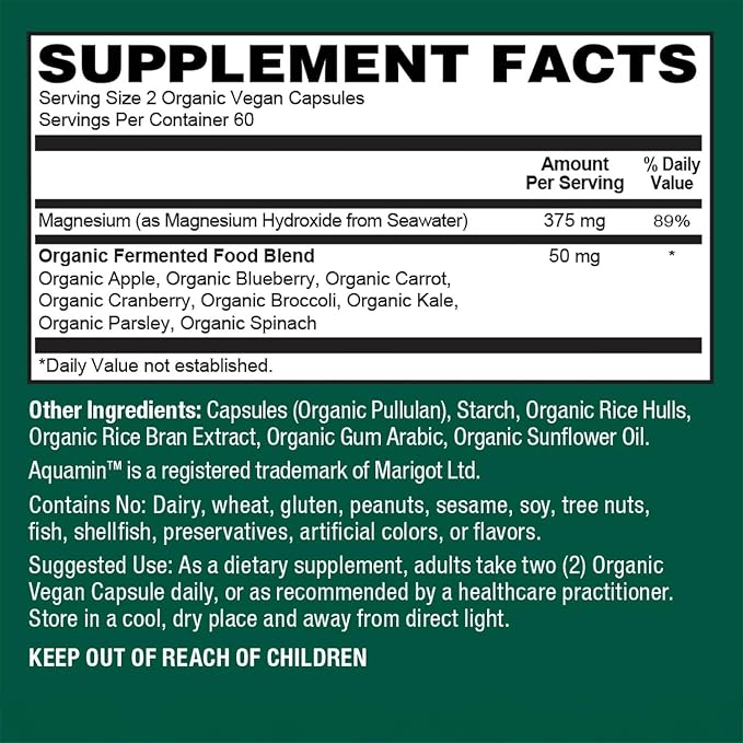 PlantFusion Vegan Magnesium Complex 375mg from Sea Water, Bioavailable Marine Magnesium with Fermented Organic Whole Food Blend, Non-GMO, Muscle & Relaxation Support, 120 Cap