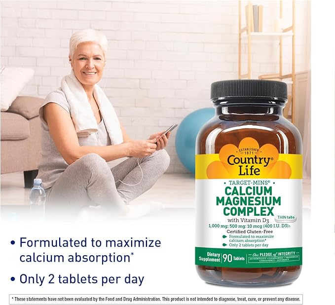 Country Life Target-Mins Calcium Magnesium with Vitamin D-Complex, 1000mg/500mg/10mcg, 90 Tablets, Certified Gluten Free, Certified Vegetarian