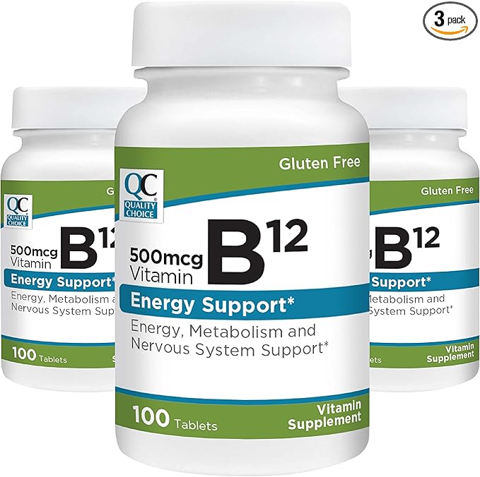 Quality Choice Vitamin B12 500 MCG, Energy, Metabolism, & Nervous System Support Supplement 100 Count Bottle of Tablets (3 Pack)