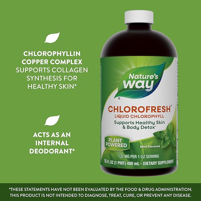 Nature's Way Chlorofresh, Liquid Chlorophyll, Supports Healthy Skin & Body Detox*, Internal Deodorant*, Supports Liver Detoxification Pathways*, Mint Flavored, 16 Fl. Oz
