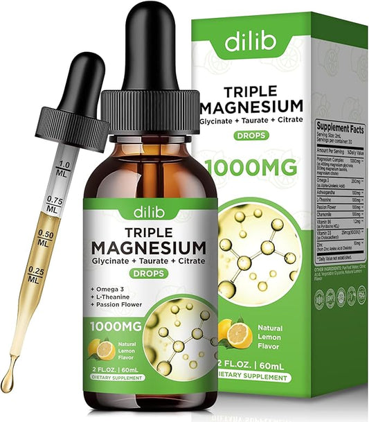 Magnesium Glycinate Liquid Drops with Taurate Citrate - Mangesium Supplement for Sleep, Stress Relief, Bone, Muscle - 2 Fl Oz, Vegan, Lemon Flavor