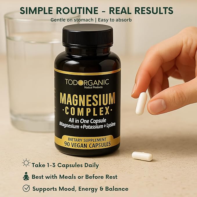 Todorganic Magnesium Citrate, Potassium Citrate and Lysine for Enhanced Leg Cramp Relief and Restful Sleep | Vegan Potassium Magnesium Supplement | 90 Capsules with High-Absorption