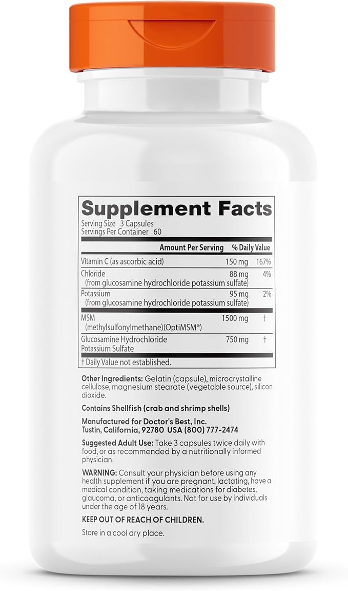 Doctors Best Synergistic Glucosamine MSM Formula, Joint Support, Non-GMO, Gluten Free, Soy Free 180 Capsules