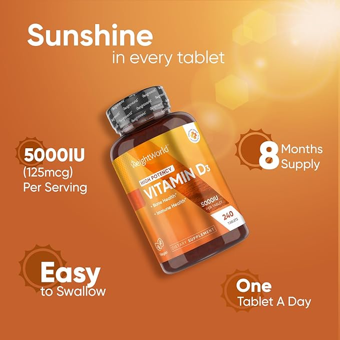 WeightWorld Vitamin D3 5000 IU (125mcg) - 240 Vegan Tablets (8 Months Supply) - Plant-Based from Lichen - Vitamin D for Bone & Immune Health - Highly Bioavailable D3 Supplement - Non-GMO & Gluten-Free
