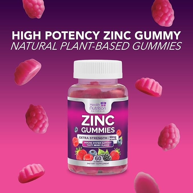 Zinc Gummy for Adults 50mg, Max Strength Bone, Skin Health & Immune Support Gummies, Vegan, Non-GMO & Gluten Free, Immune Health Support, Nature’s Antioxidant Chewable Zinc Vitamins - 60 Gummies