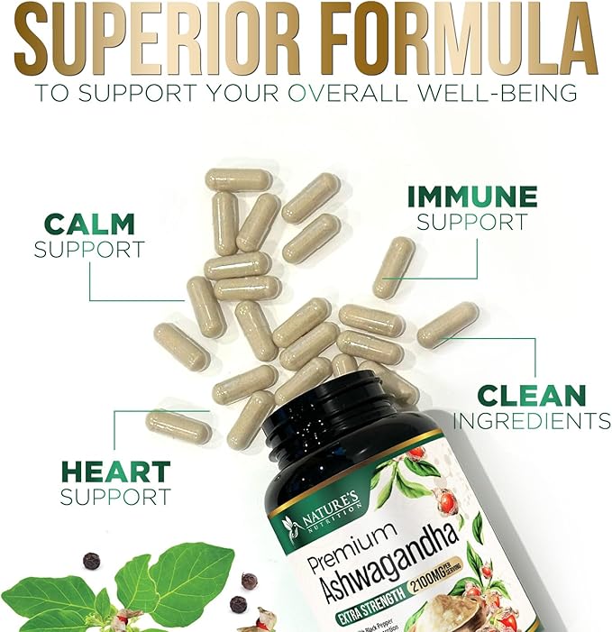 Herbal Ashwagandha 2,100 mg - Extra Strength Unwind, Calm & Relax Support with Black Pepper - Natural Focus & Energy Support - Ashwagandha Powder Supplements - Vegan, Gluten Free - 180 Capsules