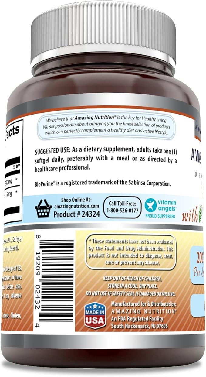 Amazing Formulas CoQ10 with Bioperine Supplement | 200 Mg per Serving | 60 Softgels | Non-GMO | Gluten-Free | Made in USA