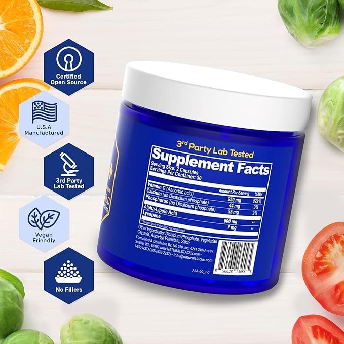 NATURAL STACKS Alpha Lipoic Acid 600mg w/Lycopene and Vitamin C - Supplement for Immunity & Cellular Function - Supplement for Brain Health