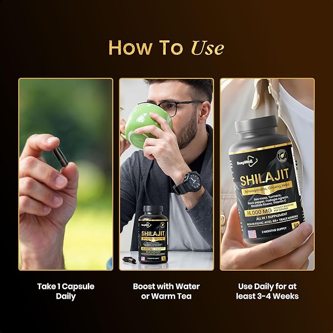 Shilajit Capsules for Men & Women, 16,000mg Pure Himalayan Organic Shilajit Supports Vitality and Wellness,Premium Pure Himalayan Supplement 2 Months Supply, 60 Capsules