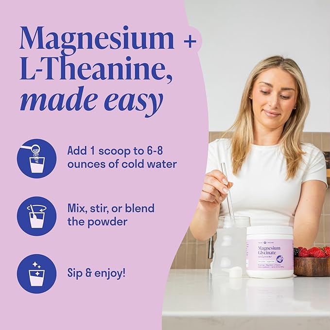 Magnesium Glycinate Powder + L-Theanine | 60 Servings | 300 mg per Scoop High Absorption Chelated Magnesium Powder for Sleep - Natural Mixed Berry Flavor, No Sugar, Support Restful Sleep & Relaxation