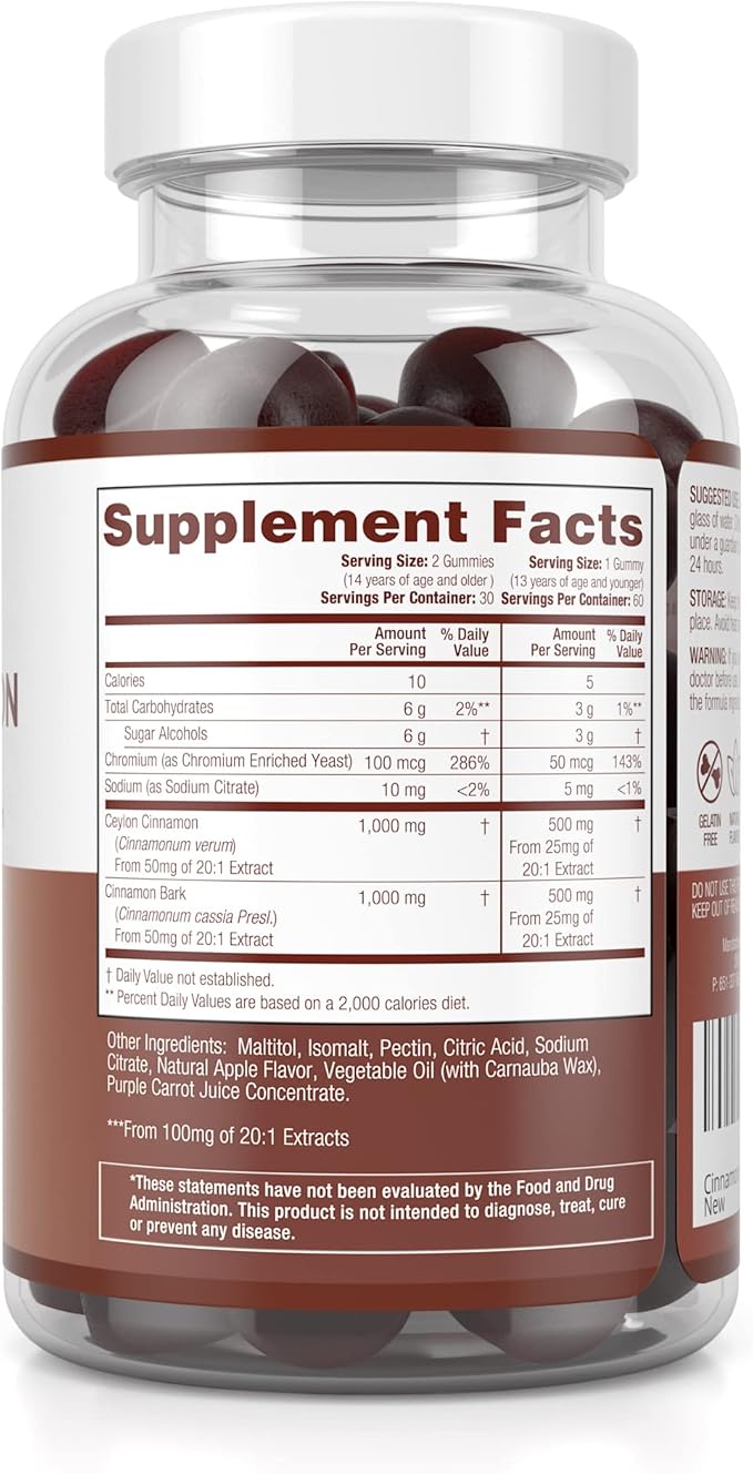 Sugar-Free Ceylon Cinnamon Gummies (2,000mg/Serving) Joint Pain Support Supplement for Brain Health, Vegan, Gluten-Free, Replace Ceylon Cinnamon Capsules, Pills, Powder, Extract (60 Chews)