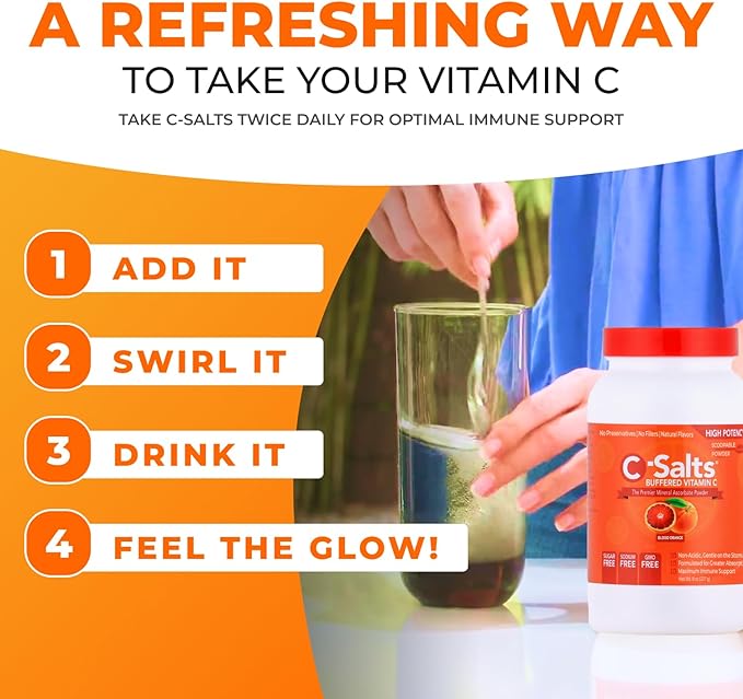 C-Salts Original Vitamin C Powder Supplement - 100% Pure High Dose Buffered Vitamin C Powder for Immune Support - Sugar-Free Powdered Drink Ascorbate, Organic, Stomach-Friendly, Blood Orange 8oz