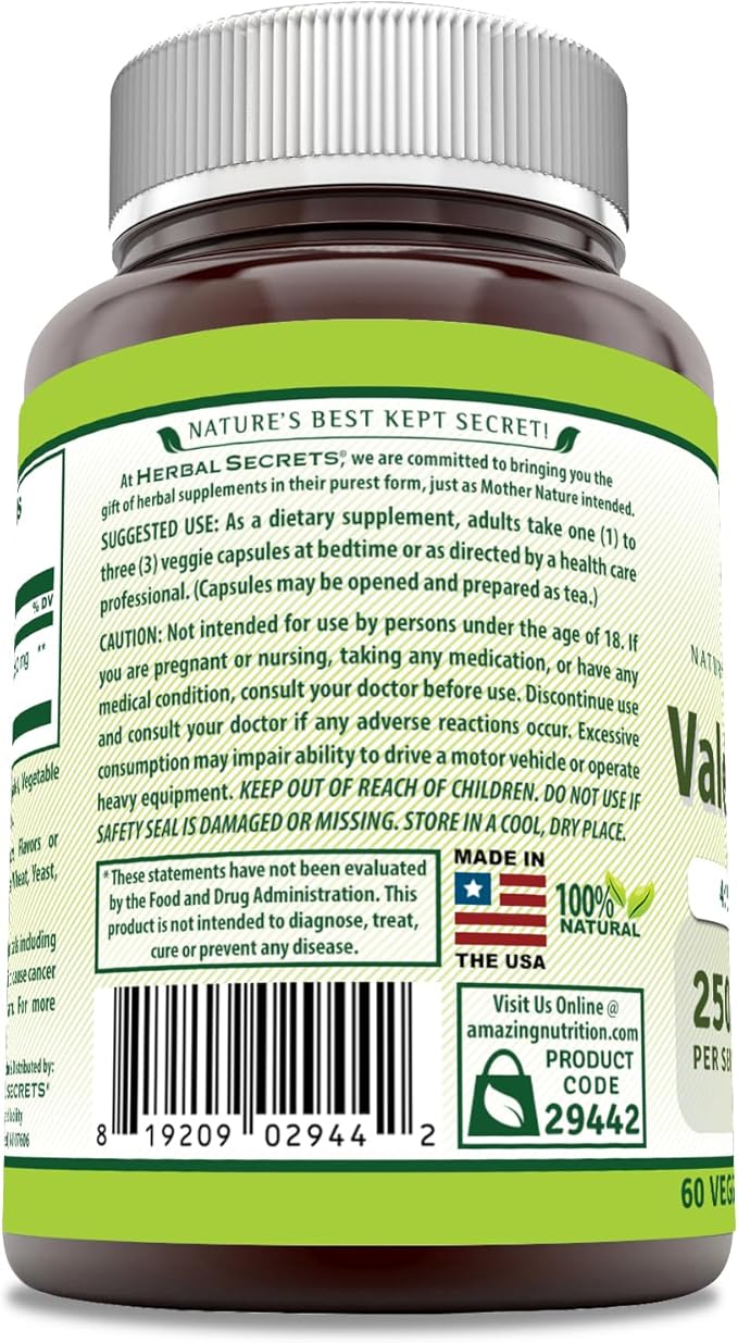 Herbal Secrets Valerian Root Extract 4:1 250 Mg 60 Veggie Capsules Supplement | Non-GMO | Gluten Free | Made in USA