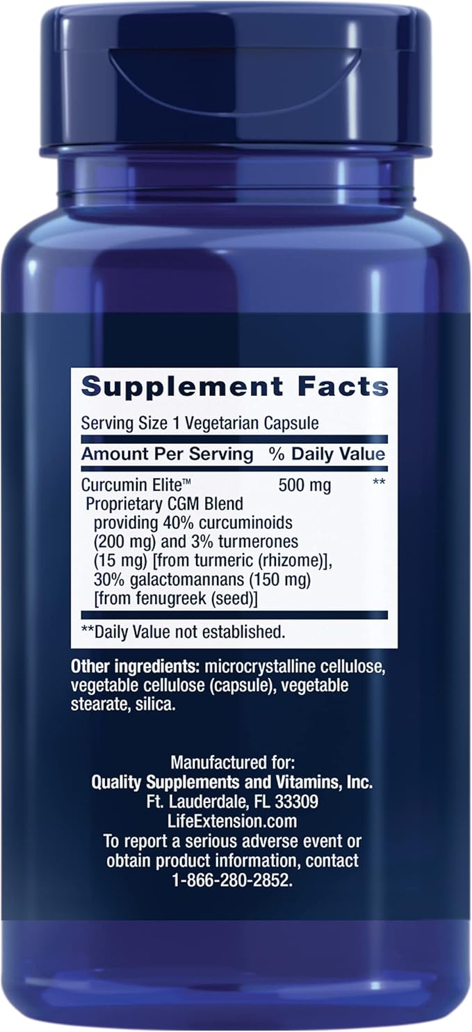 Life Extension Curcumin Elite™ Turmeric Extract, 500 mg, curcuminoids, turmerones, Fenugreek, Inflammation Health Support, Heart & Immune Support, Gluten-Free, Non-GMO, Vegetarian, 30 Capsules