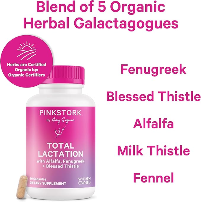 Pink Stork Total Lactation Supplement for Breast Milk Supply, Organic Fenugreek and Alfalfa to Support Breastfeeding, Milk Flow, and Production, Postpartum Essentials - 60 Capsules