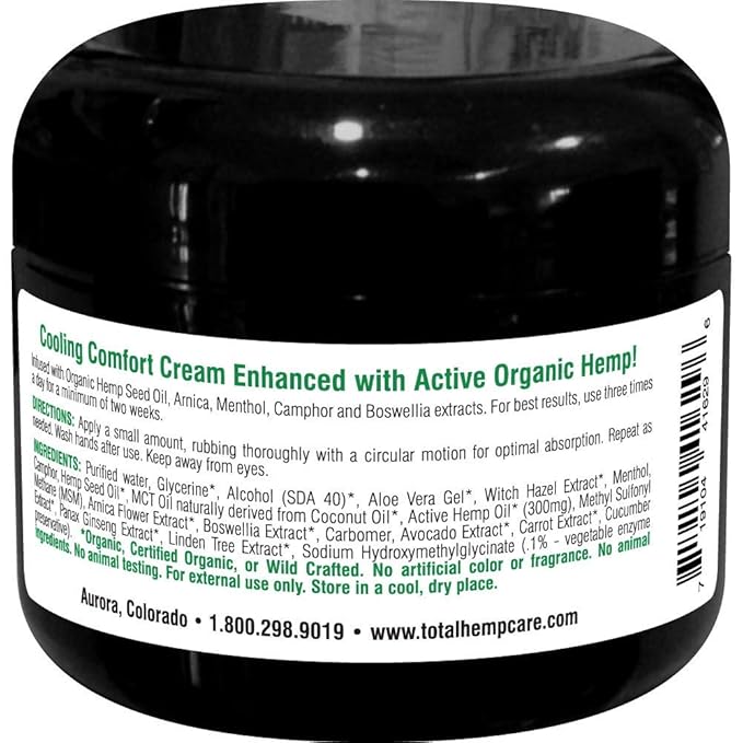 Organic Hemp Cream All Purpose Cooling Comfort with Activated Hemp, MSM, Arnica, Turmeric, Boswellia, Menthol and Aloe Vera | 300mg (2oz)