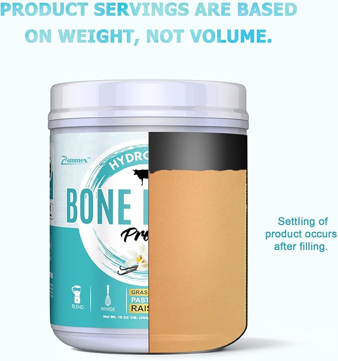 Zammex Bone Broth Protein Powder, Pure Grass Fed Beef, Vanilla Protein Powder,Hydrolyzed Collagen Supplement for Healthy Skin,Nails,Hair,Joints, Non-GMO,Gluten Free, Great in Shakes