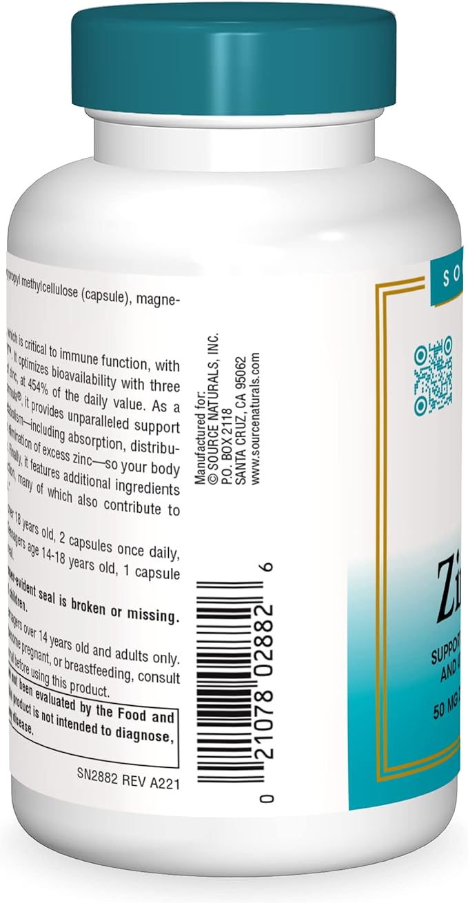 Source Naturals Wellness ZincMunity, Supports Zinc Absorbtion, Metabolism, and Utlization for Immune Health*, 50 mg Zinc - 120 Vegetarian Capsules